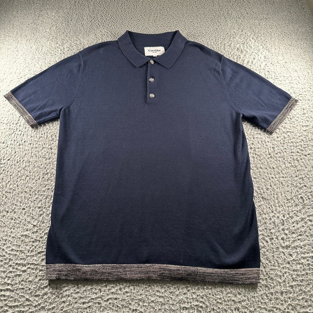 Corridor New York Knit Polo Shirt Mens XL‎ Navy Short Sleeve Ribbed Hem